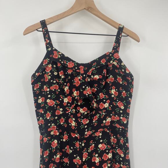 Farm Rio Jumpsuit Ditsy Floral Rose Print Wide Leg Cutout Bodice Black Womens 6 - Picture 5 of 10